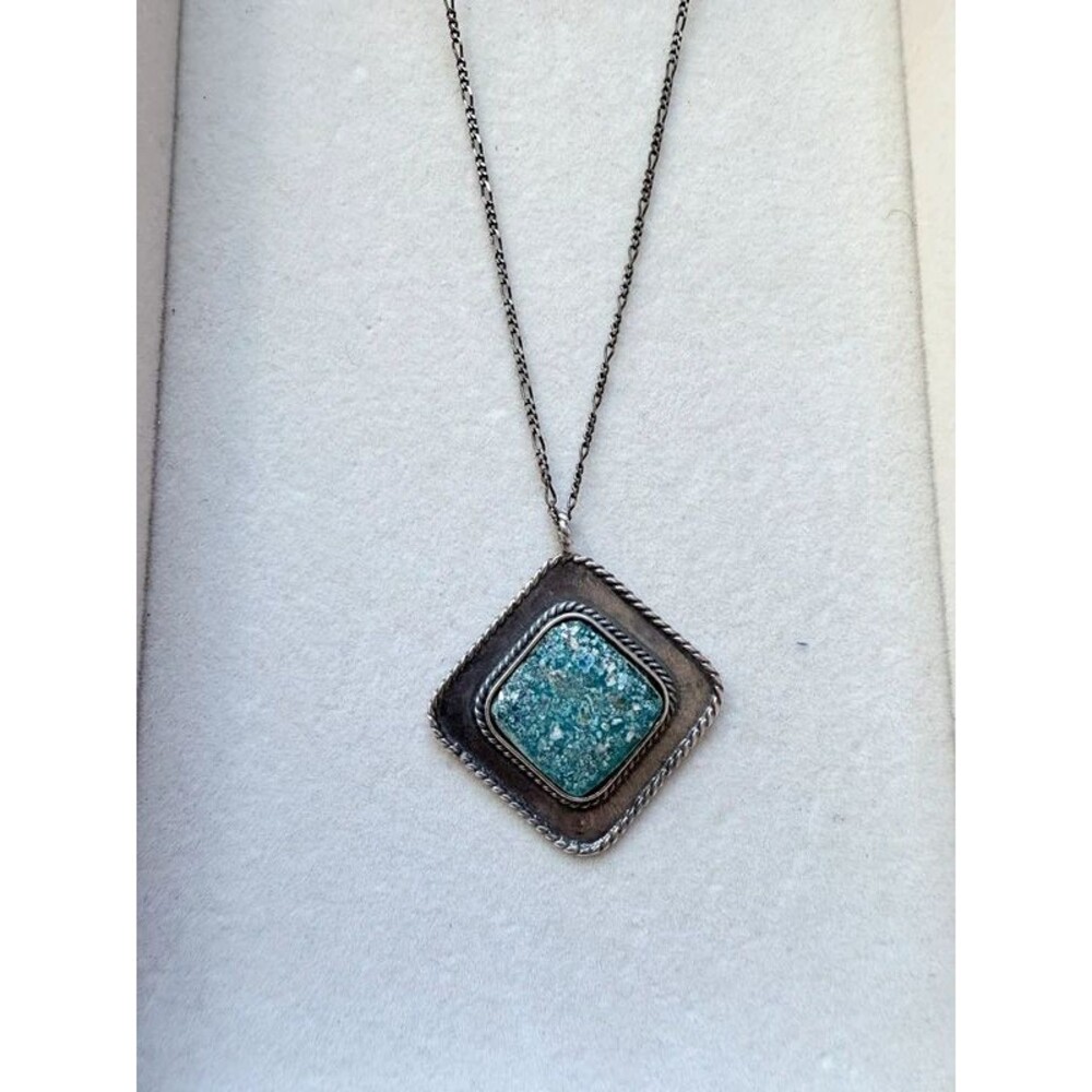 Southwestern Sterling Silver Reconstituted Turquoise Diamond Pendant 23"